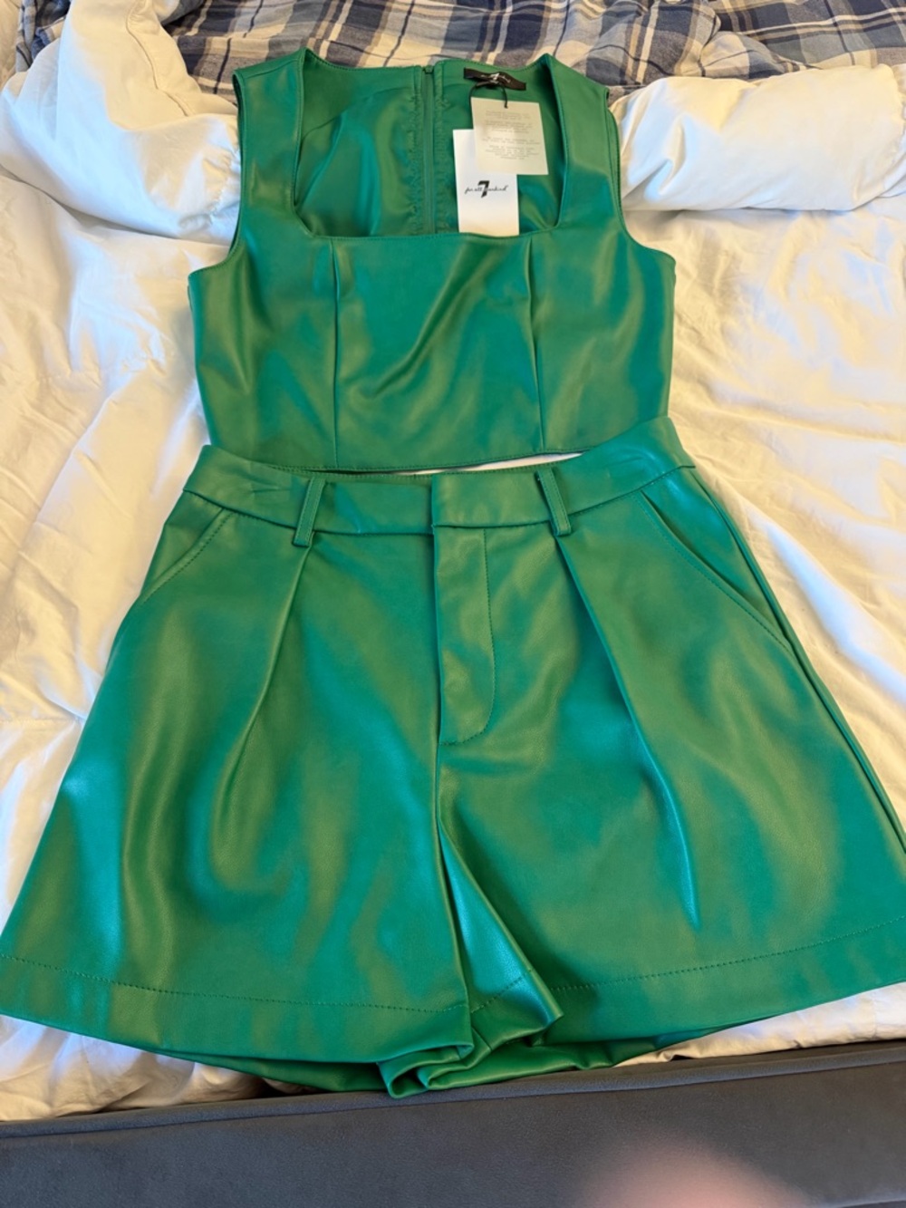 For all 7 Emerald Green Faux Leather Two-Piece Set (Top + High-Waist Shorts)